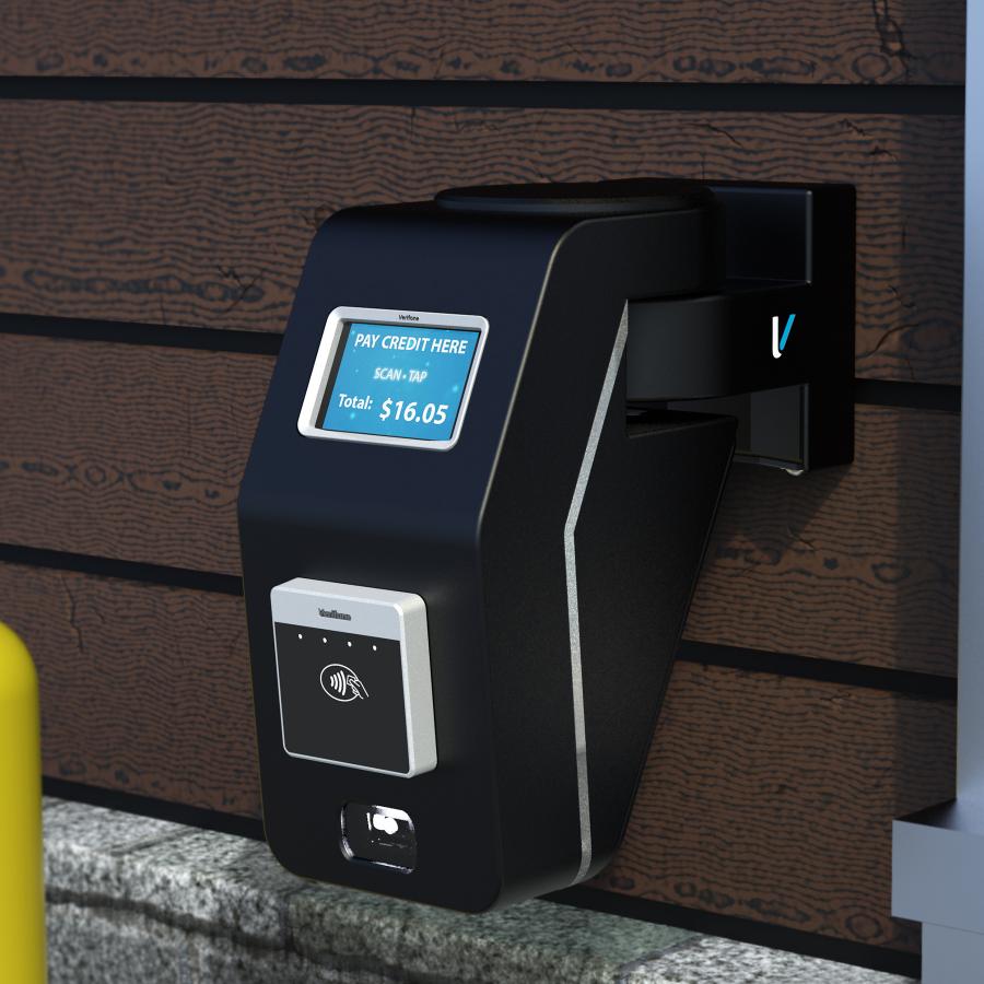 Verifone KX650 contactless payment device at fast food drive thru window