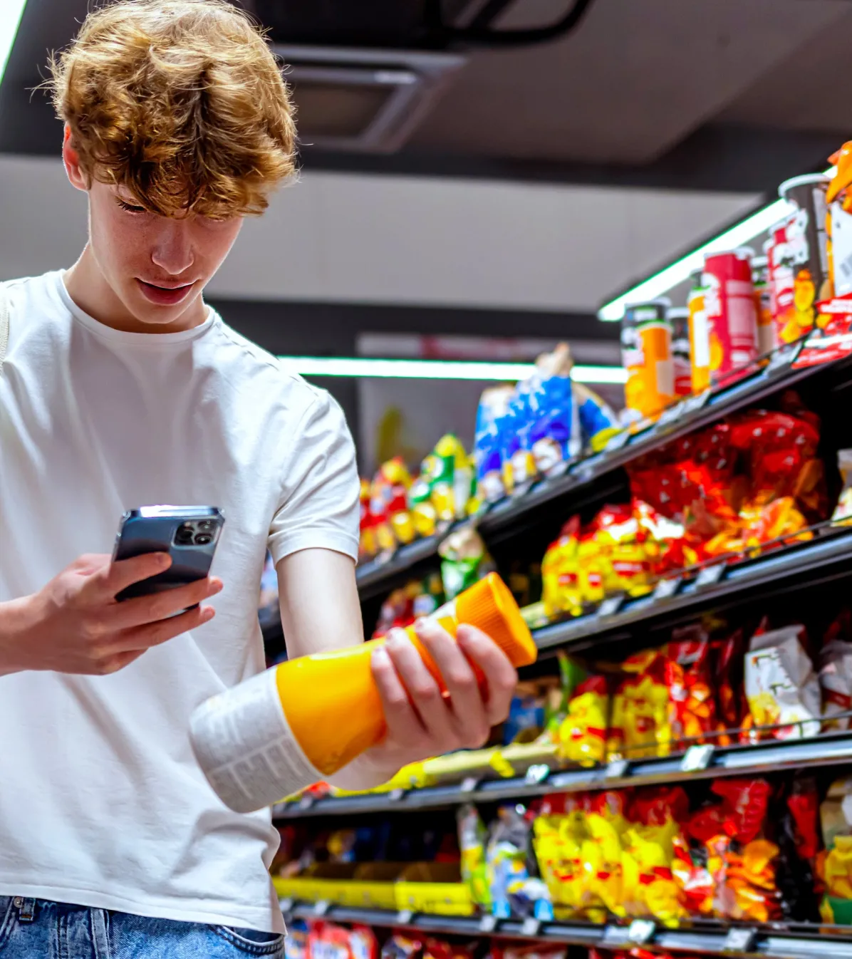 Teen in convenience store scanning juice bottle